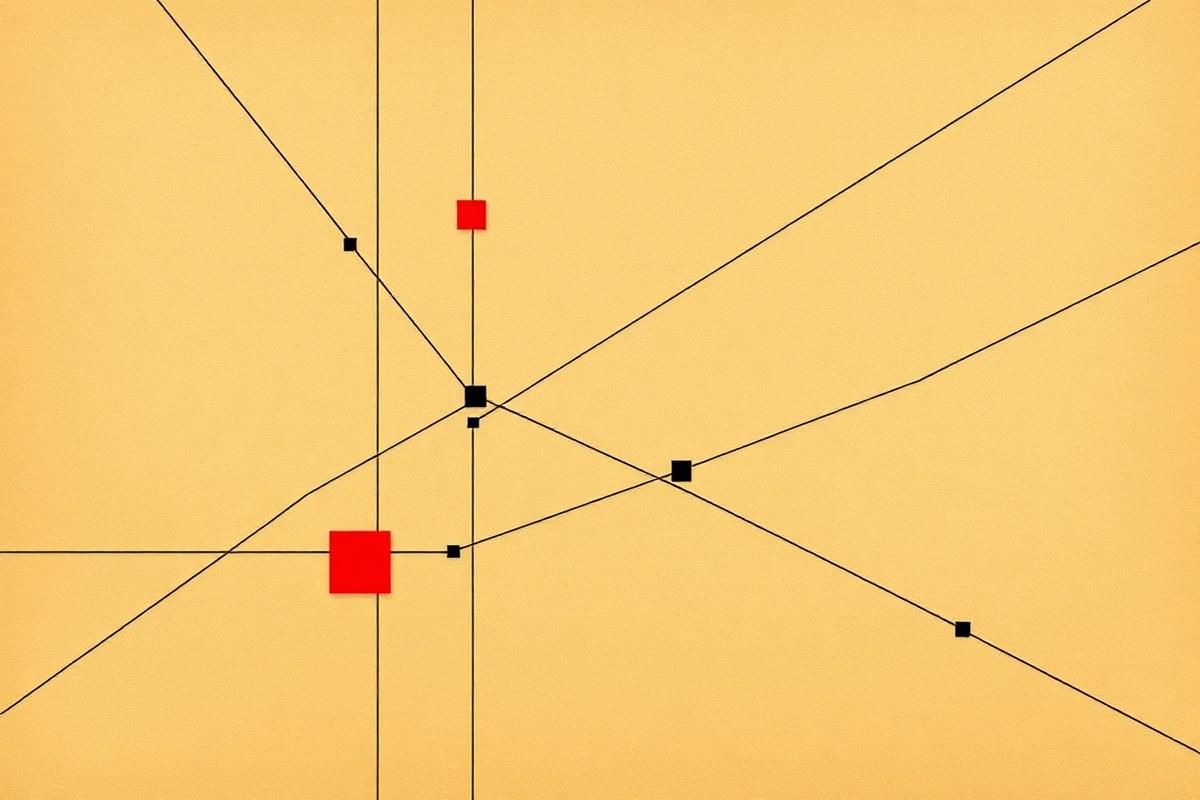 Abstract graphic of intersecting lines and small squares representing connected data systems
