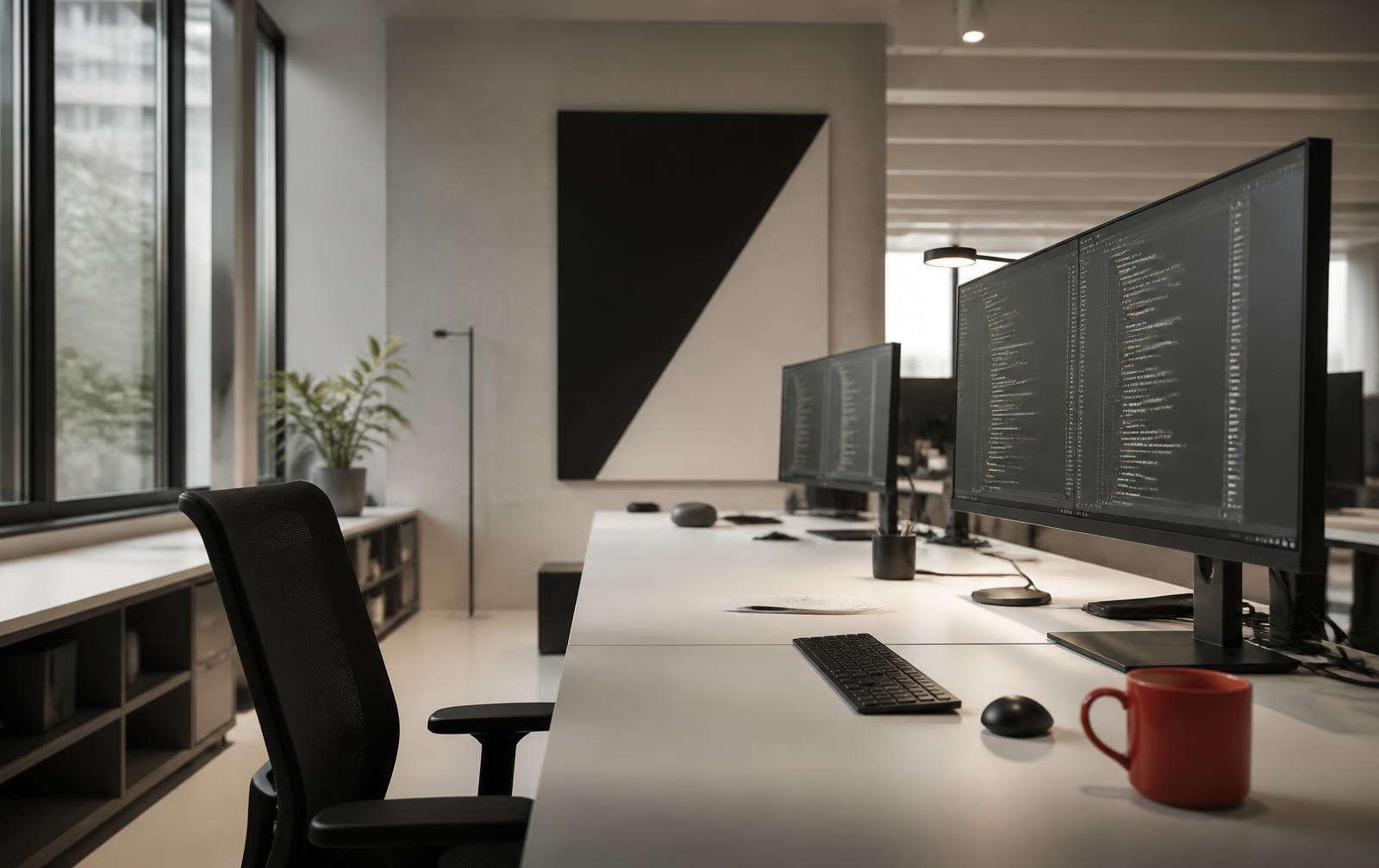 A quiet engineering workspace with several monitors displaying source code, lit by daylight from tall windows